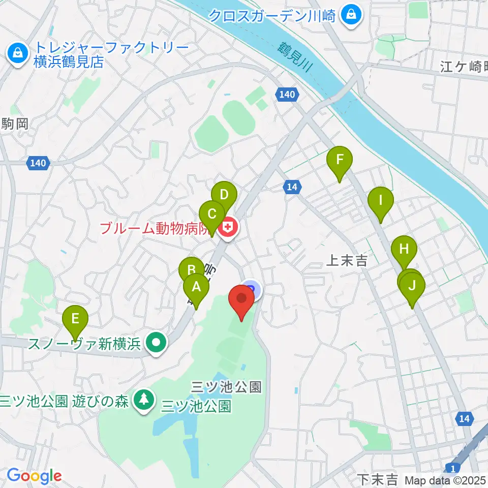三ツ池公園多目的広場周辺のファミレス・ファーストフード一覧地図