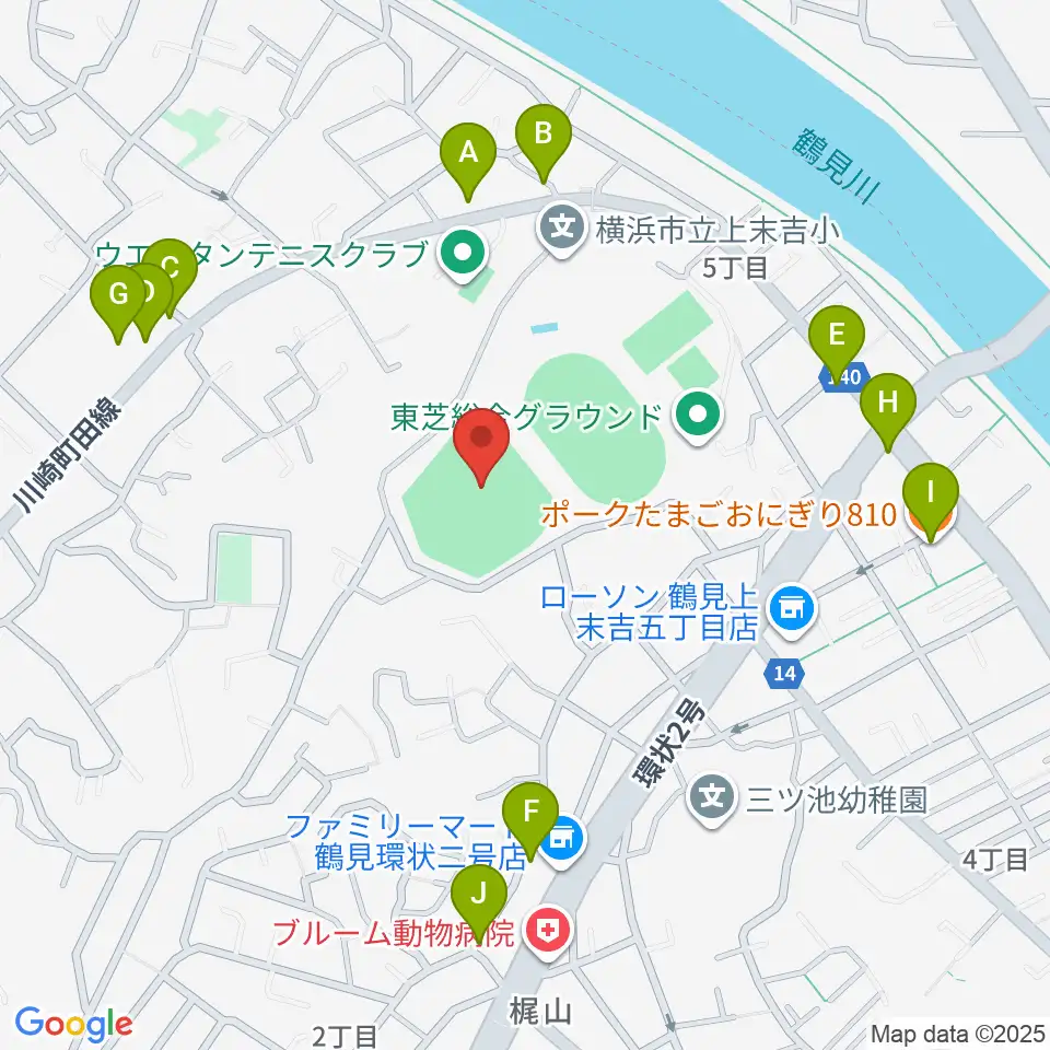 東芝総合グラウンド・野球場周辺のファミレス・ファーストフード一覧地図