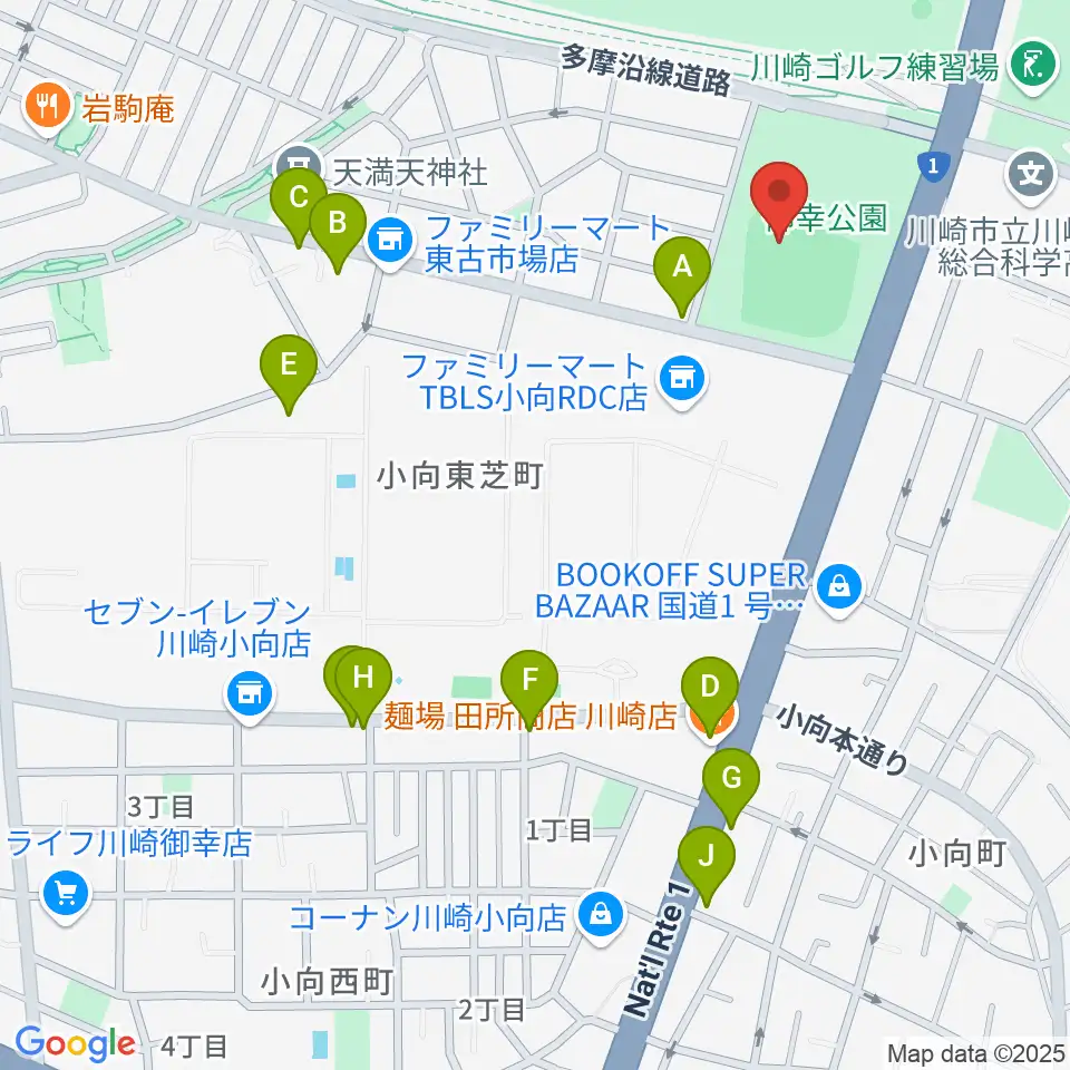 御幸公園野球場周辺のファミレス・ファーストフード一覧地図