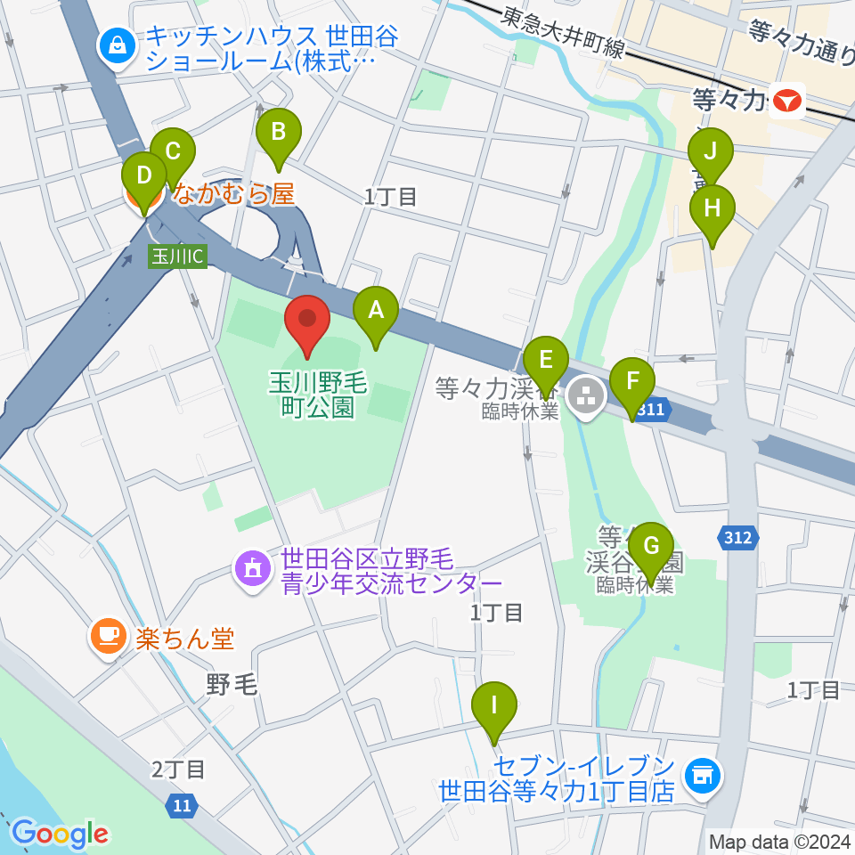 玉川野毛町公園野球場周辺のファミレス・ファーストフード一覧地図