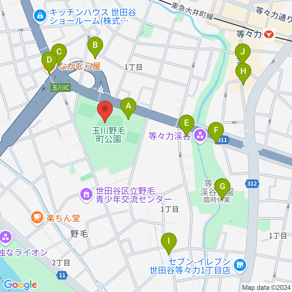 玉川野毛町公園野球場周辺のファミレス・ファーストフード一覧地図