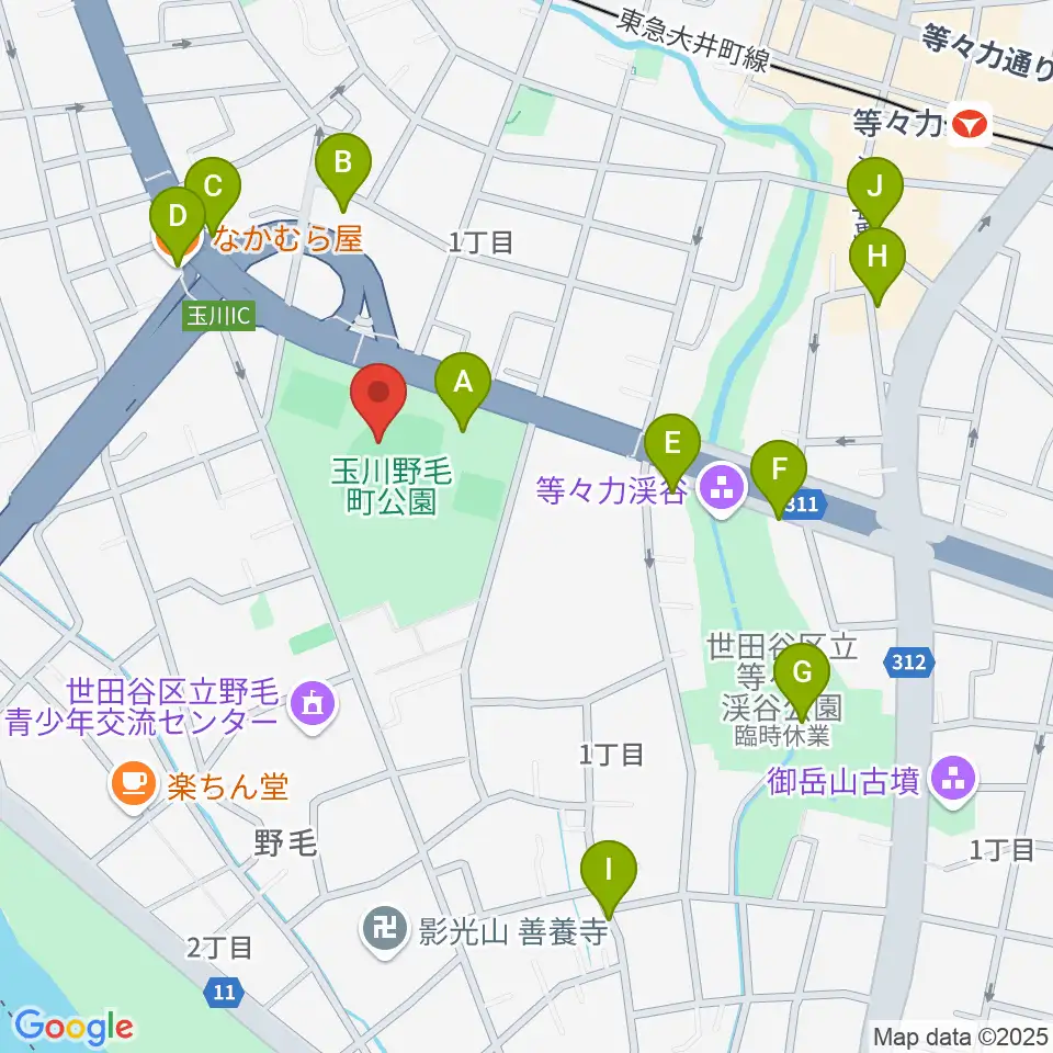 玉川野毛町公園野球場周辺のファミレス・ファーストフード一覧地図