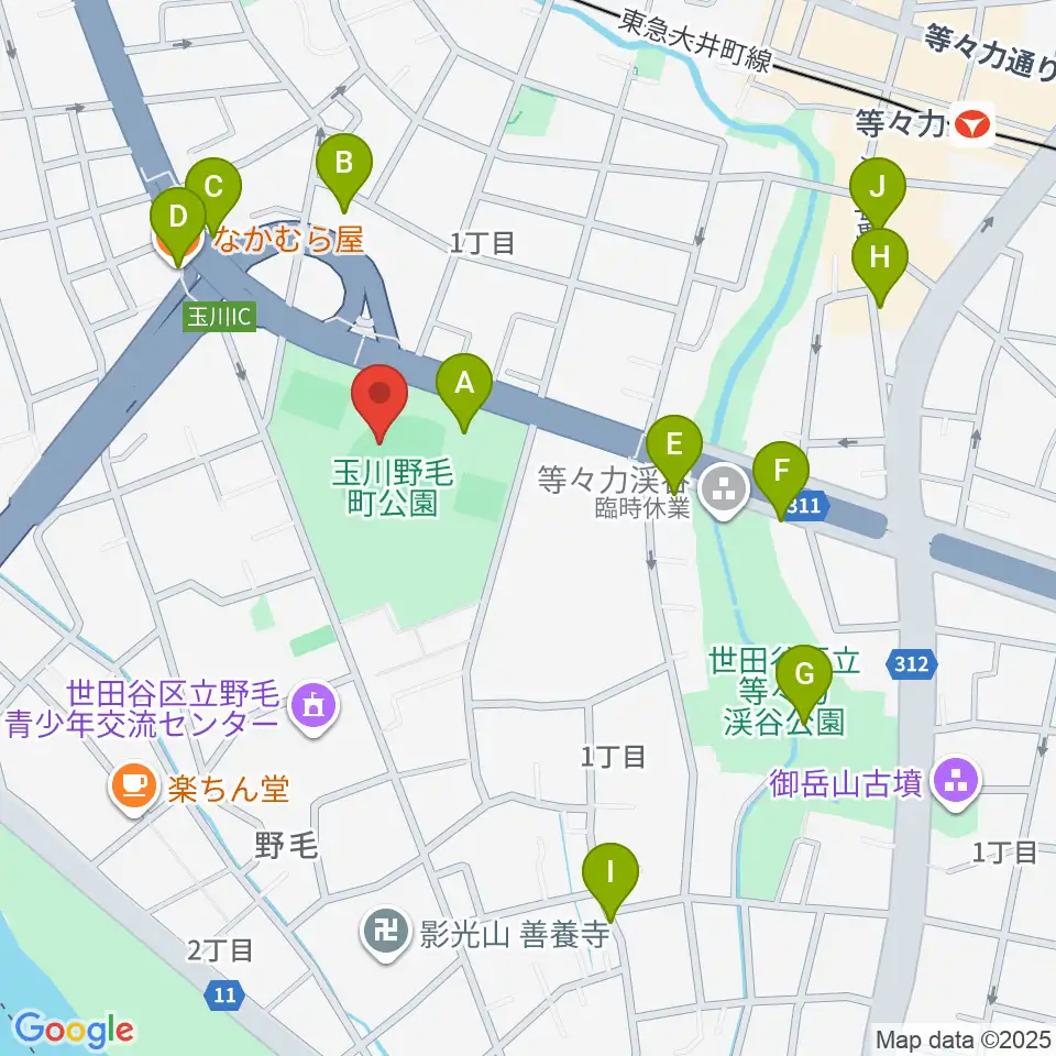 玉川野毛町公園野球場周辺のファミレス・ファーストフード一覧地図