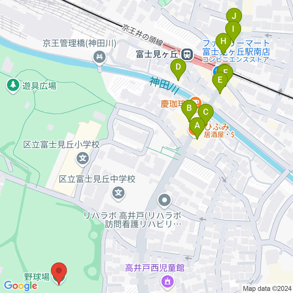 高井戸公園野球場周辺のファミレス・ファーストフード一覧地図