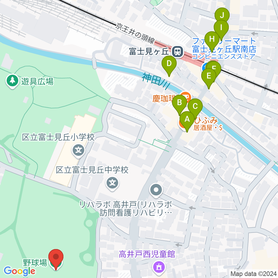 高井戸公園野球場周辺のファミレス・ファーストフード一覧地図