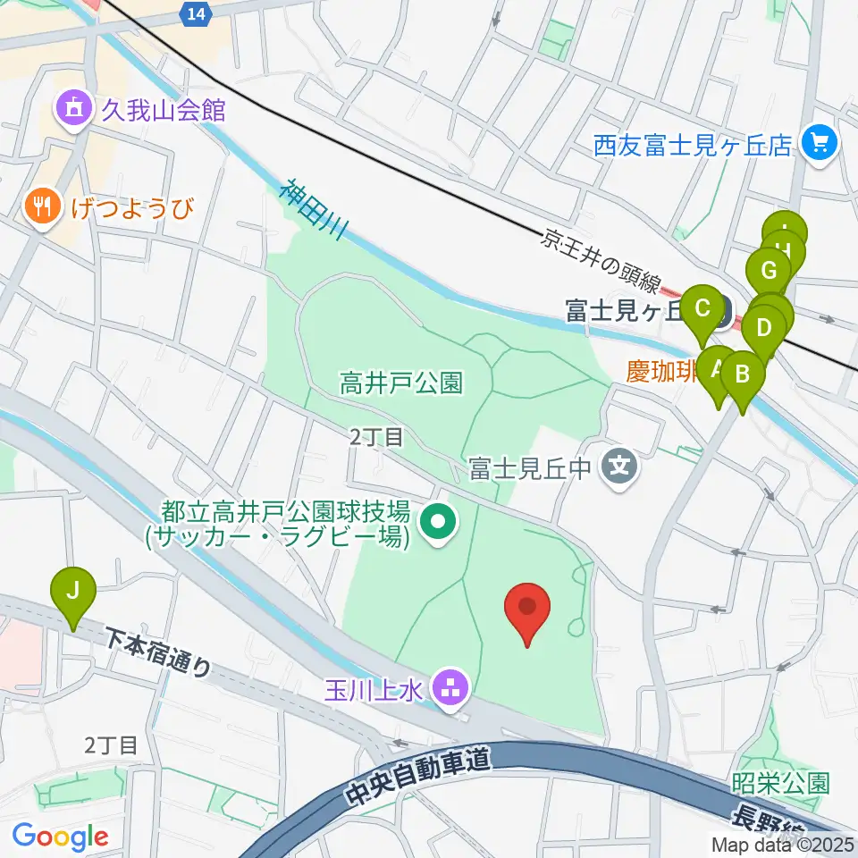 高井戸公園野球場周辺のファミレス・ファーストフード一覧地図