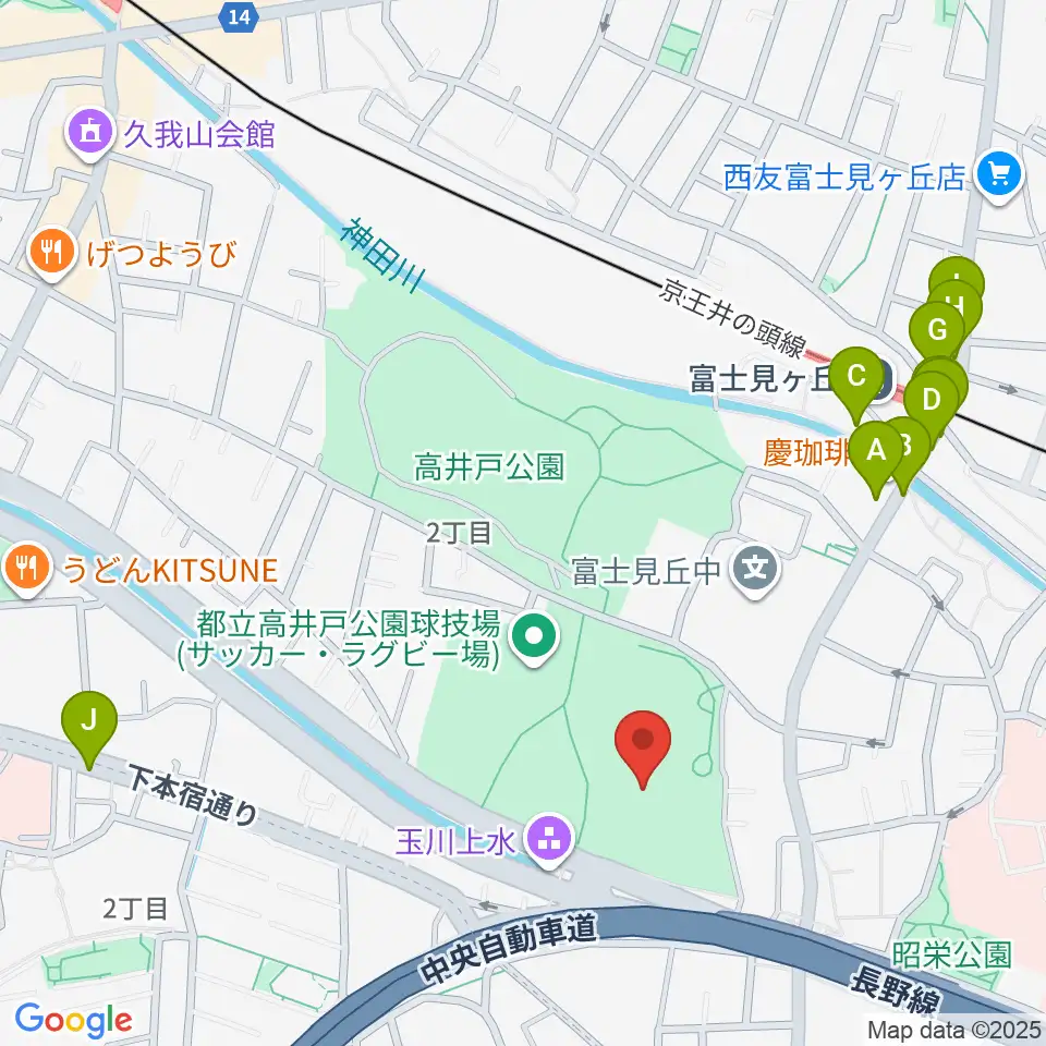 高井戸公園野球場周辺のファミレス・ファーストフード一覧地図