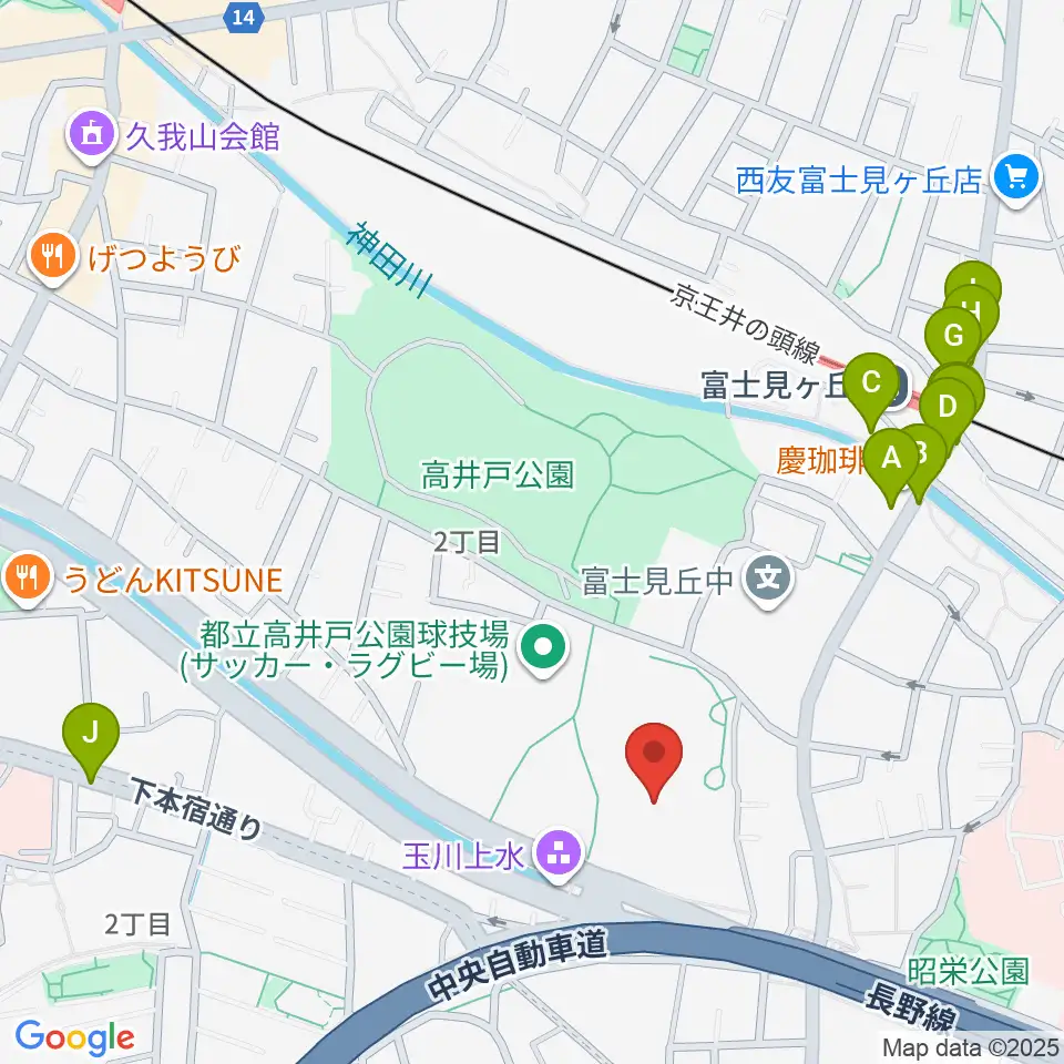 高井戸公園野球場周辺のファミレス・ファーストフード一覧地図