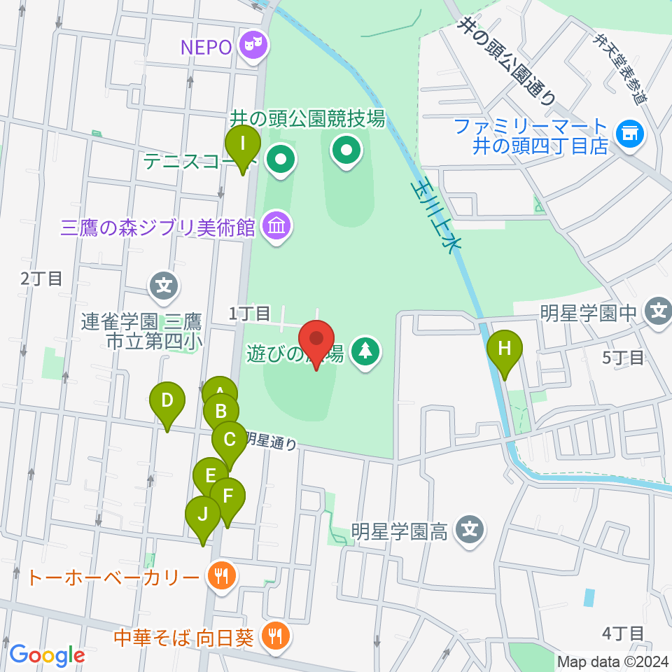 井の頭恩賜公園野球場周辺のファミレス・ファーストフード一覧地図