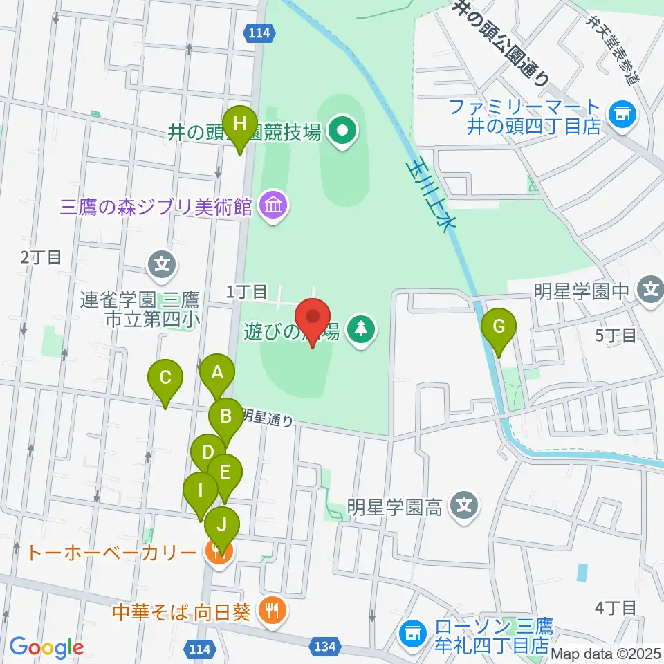 井の頭恩賜公園野球場周辺のファミレス・ファーストフード一覧地図