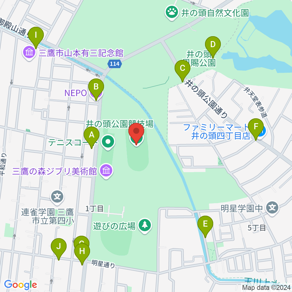 井の頭恩賜公園競技場周辺のファミレス・ファーストフード一覧地図