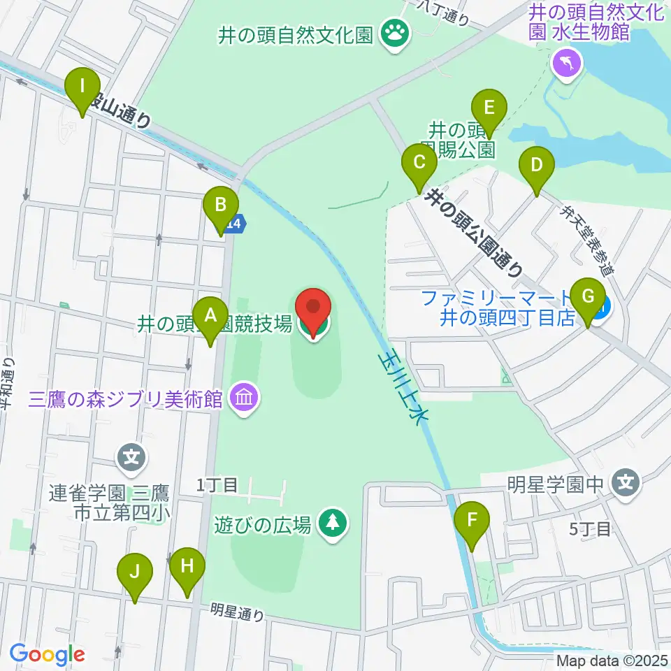 井の頭恩賜公園競技場周辺のファミレス・ファーストフード一覧地図