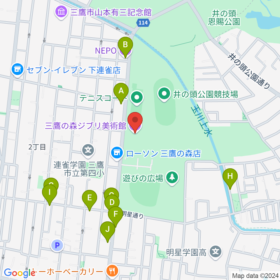 三鷹の森ジブリ美術館周辺のファミレス・ファーストフード一覧地図