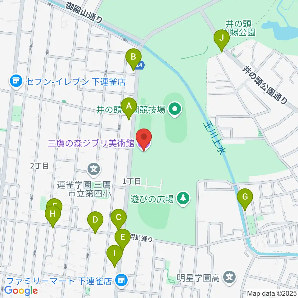 三鷹の森ジブリ美術館周辺のファミレス・ファーストフード一覧地図