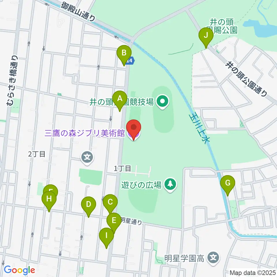 三鷹の森ジブリ美術館周辺のファミレス・ファーストフード一覧地図