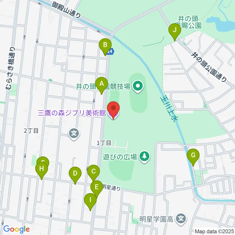 三鷹の森ジブリ美術館周辺のファミレス・ファーストフード一覧地図