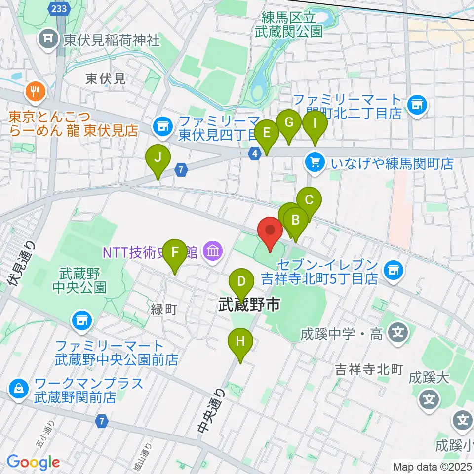 武蔵野軟式野球場周辺のファミレス・ファーストフード一覧地図