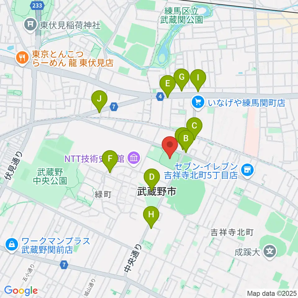 武蔵野軟式野球場周辺のファミレス・ファーストフード一覧地図