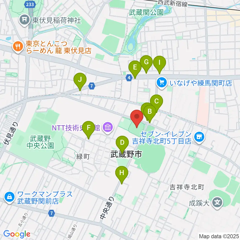武蔵野軟式野球場周辺のファミレス・ファーストフード一覧地図