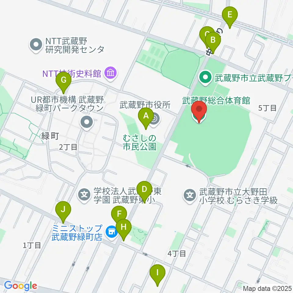 武蔵野総合体育館周辺のファミレス・ファーストフード一覧地図