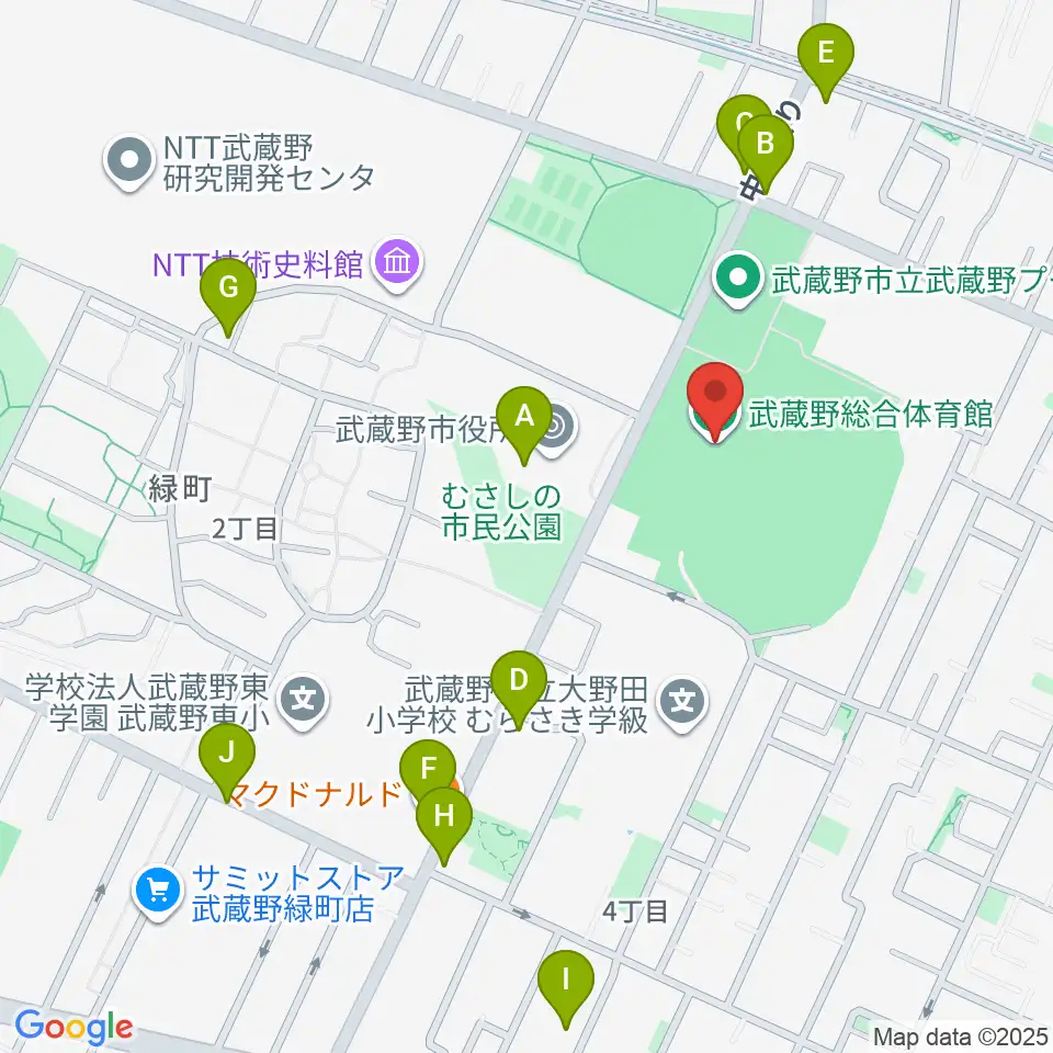 武蔵野総合体育館周辺のファミレス・ファーストフード一覧地図