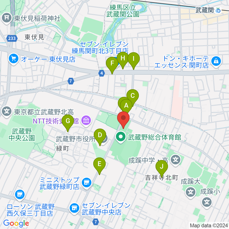 武蔵野温水プール周辺のファミレス・ファーストフード一覧地図