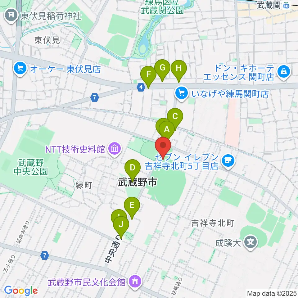 武蔵野温水プール周辺のファミレス・ファーストフード一覧地図