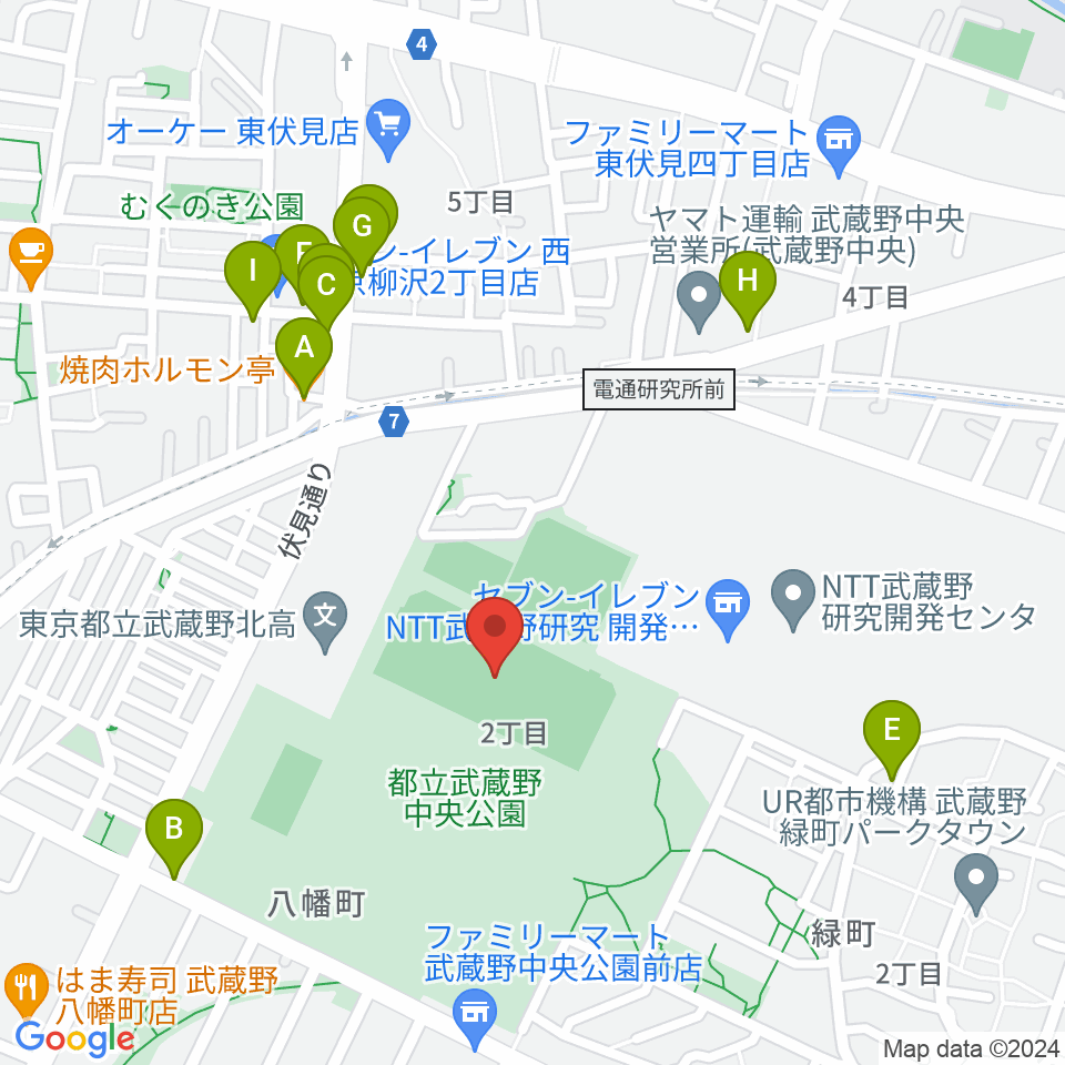 武蔵野中央公園スポーツ広場周辺のファミレス・ファーストフード一覧地図