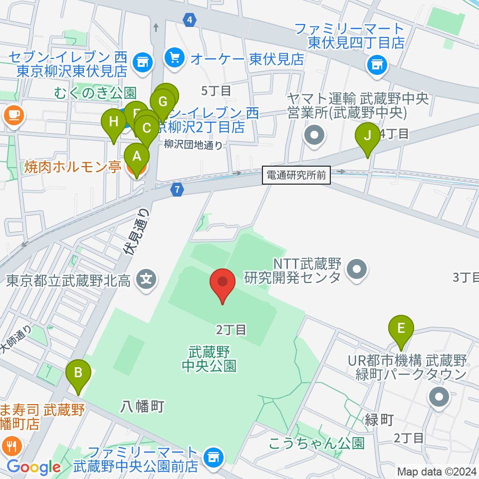 武蔵野中央公園スポーツ広場周辺のファミレス・ファーストフード一覧地図