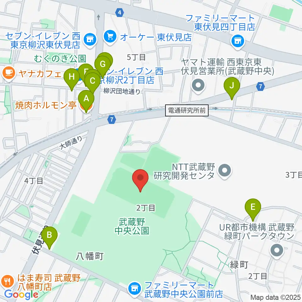 武蔵野中央公園スポーツ広場周辺のファミレス・ファーストフード一覧地図