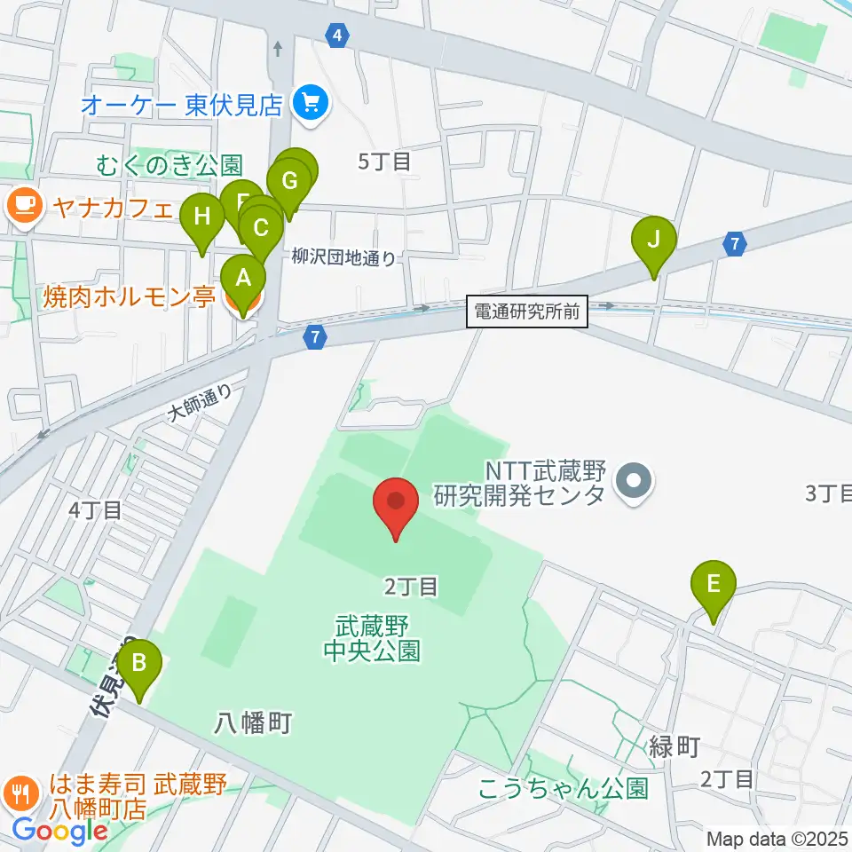 武蔵野中央公園スポーツ広場周辺のファミレス・ファーストフード一覧地図