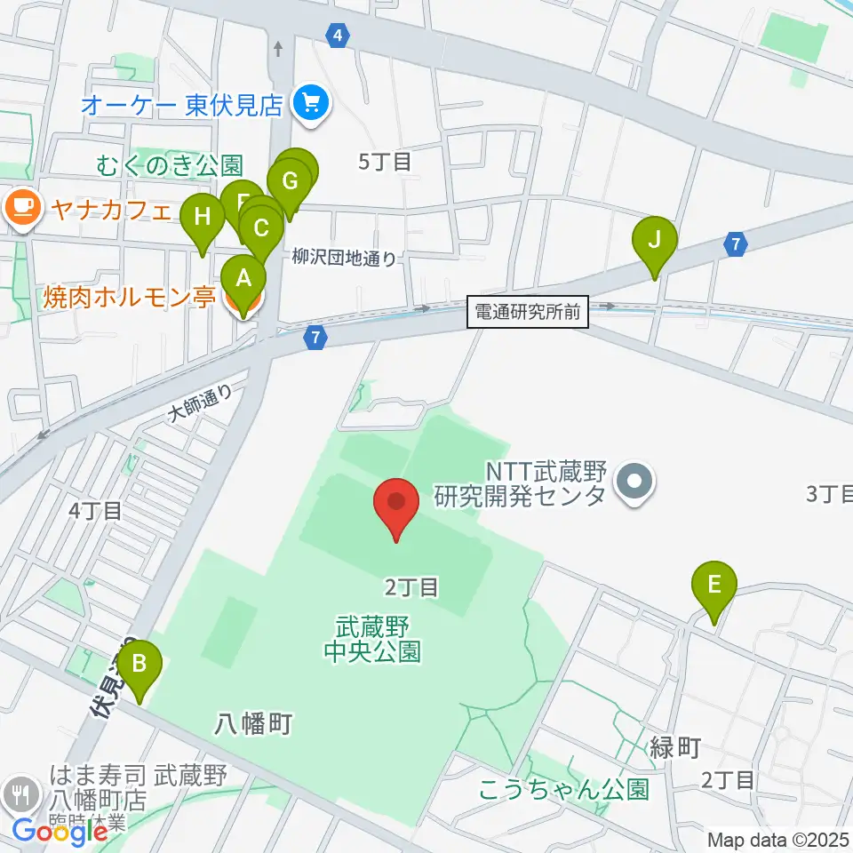 武蔵野中央公園スポーツ広場周辺のファミレス・ファーストフード一覧地図
