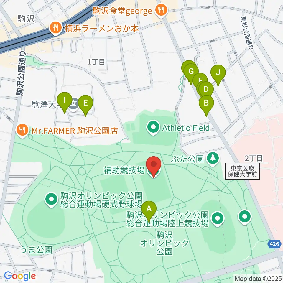 駒沢オリンピック公園補助競技場周辺のファミレス・ファーストフード一覧地図