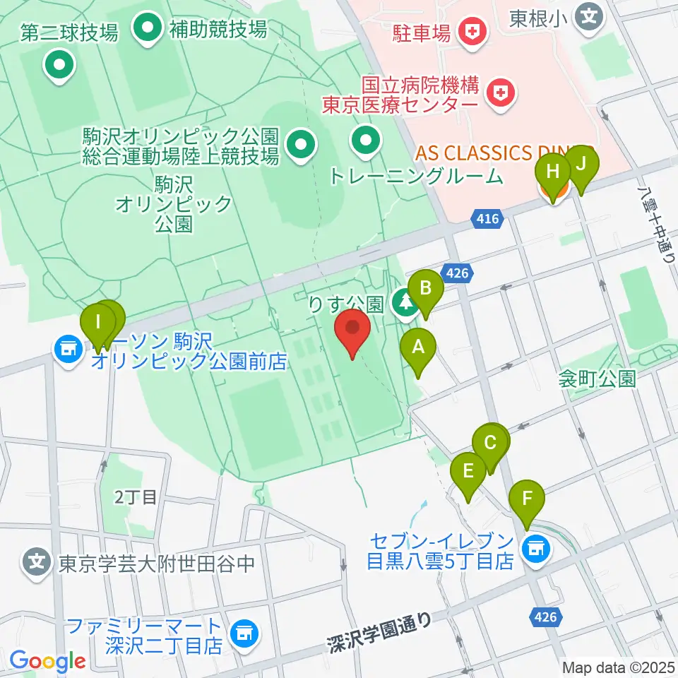 駒沢オリンピック公園軟式野球場周辺のファミレス・ファーストフード一覧地図