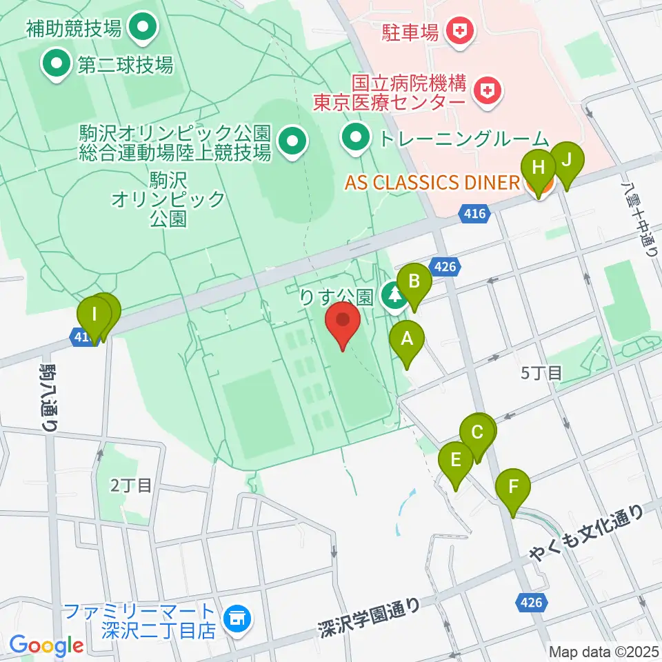 駒沢オリンピック公園軟式野球場周辺のファミレス・ファーストフード一覧地図