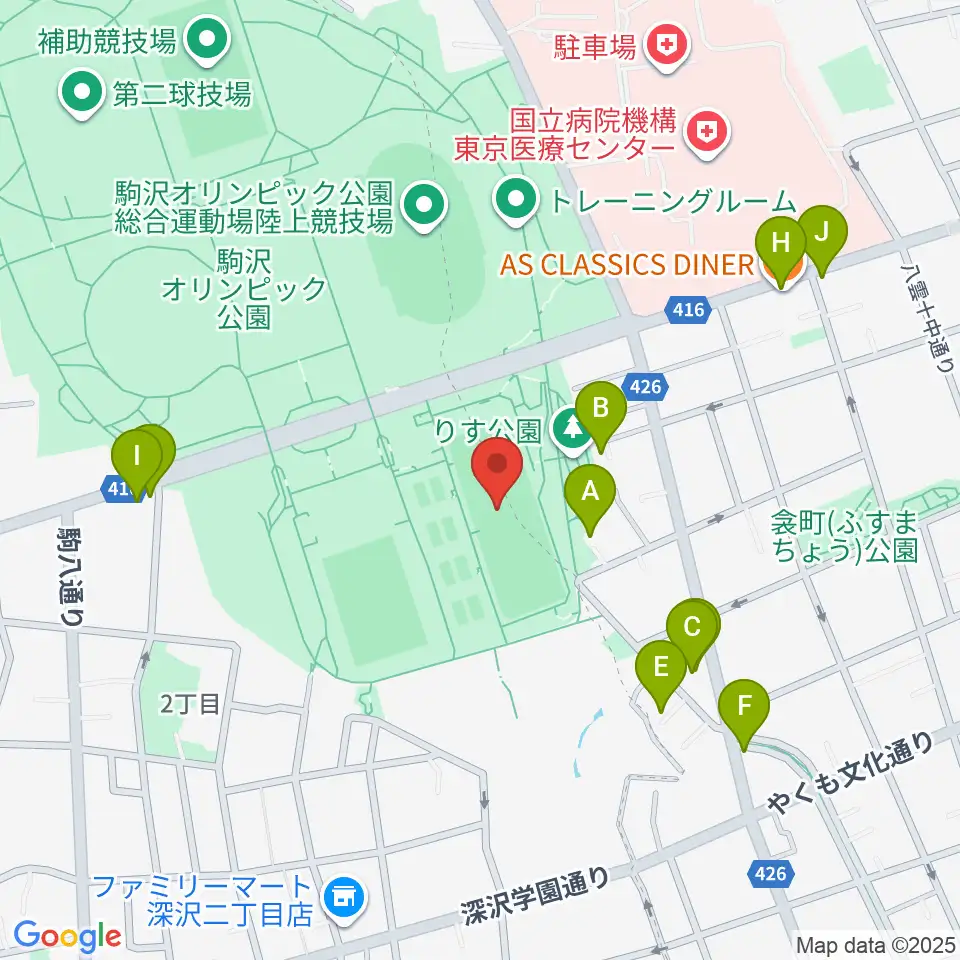 駒沢オリンピック公園軟式野球場周辺のファミレス・ファーストフード一覧地図
