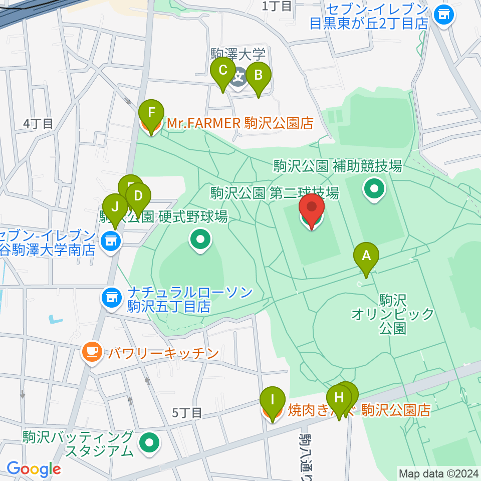 駒沢オリンピック公園第二球技場周辺のファミレス・ファーストフード一覧地図