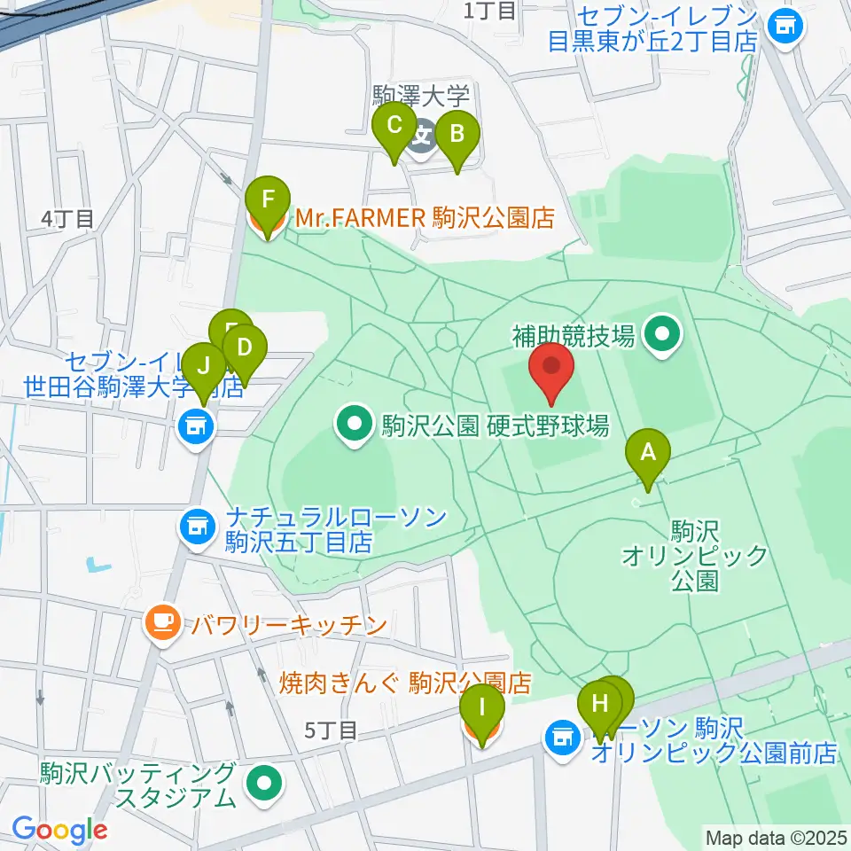 駒沢オリンピック公園第二球技場周辺のファミレス・ファーストフード一覧地図