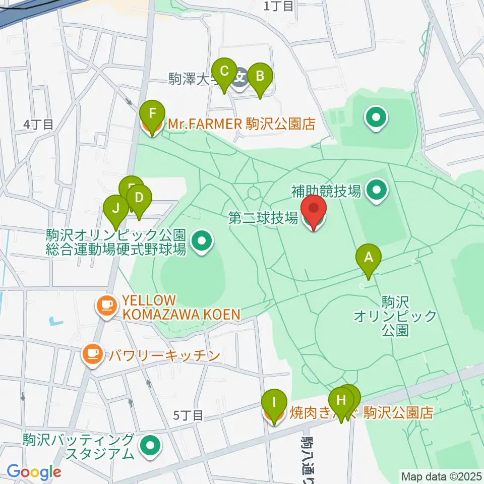駒沢オリンピック公園第二球技場周辺のファミレス・ファーストフード一覧地図