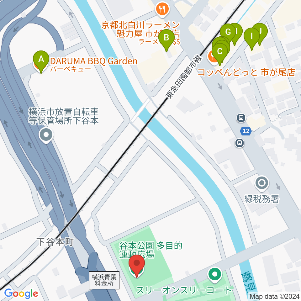 谷本公園多目的運動広場周辺のファミレス・ファーストフード一覧地図