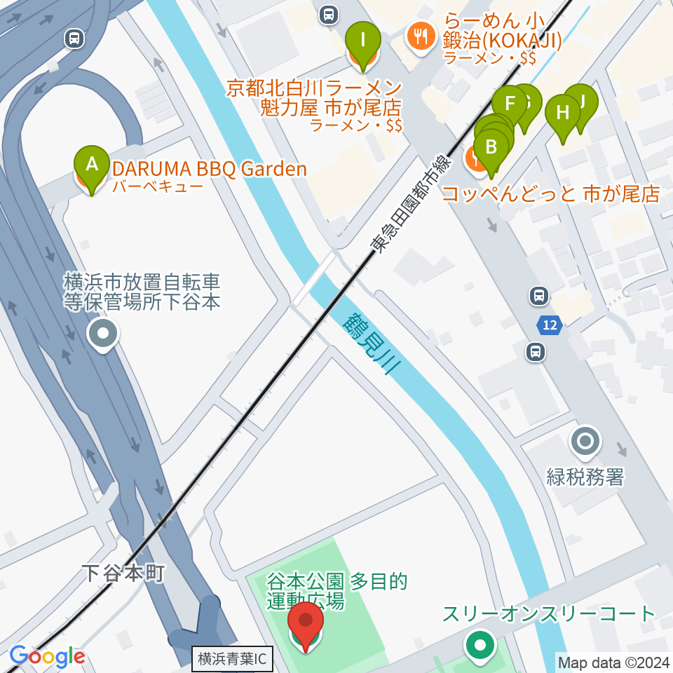 谷本公園多目的運動広場周辺のファミレス・ファーストフード一覧地図