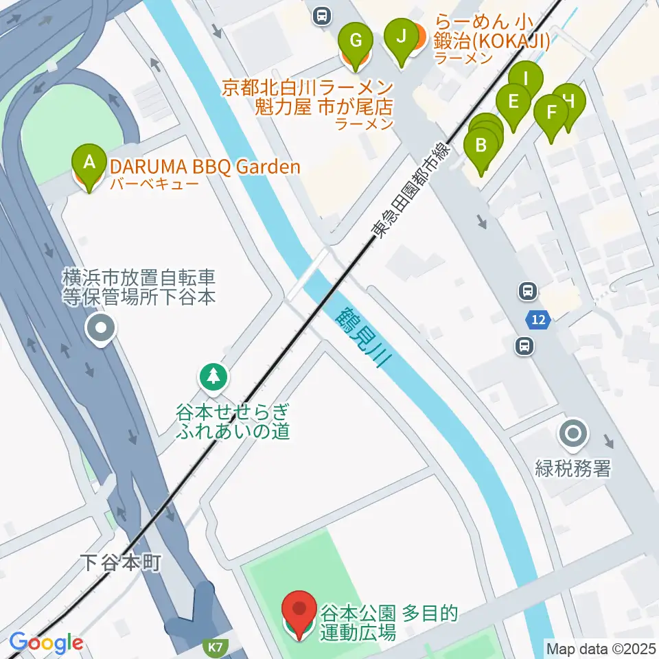 谷本公園多目的運動広場周辺のファミレス・ファーストフード一覧地図