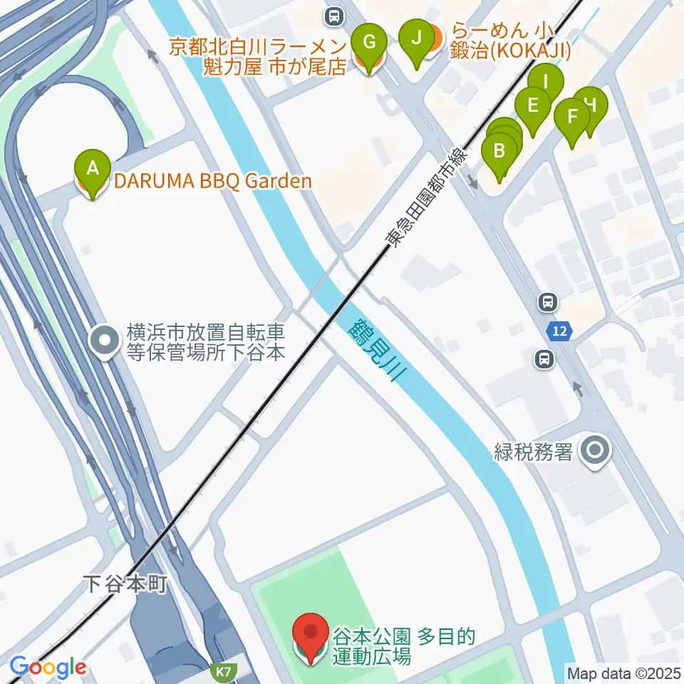 谷本公園多目的運動広場周辺のファミレス・ファーストフード一覧地図
