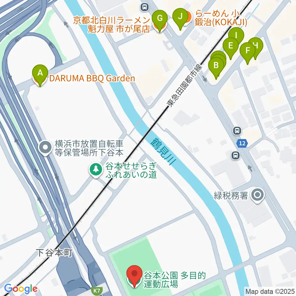 谷本公園多目的運動広場周辺のファミレス・ファーストフード一覧地図