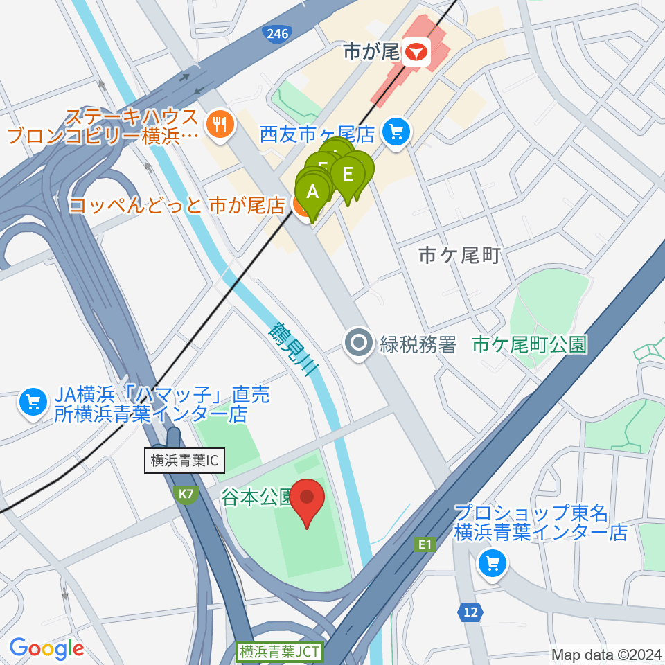 谷本公園球技場 周辺のファミレス・ファーストフード一覧地図