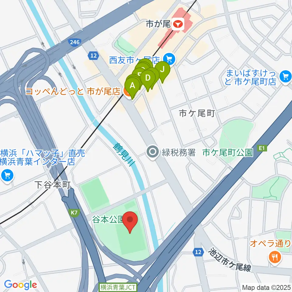 谷本公園球技場 周辺のファミレス・ファーストフード一覧地図