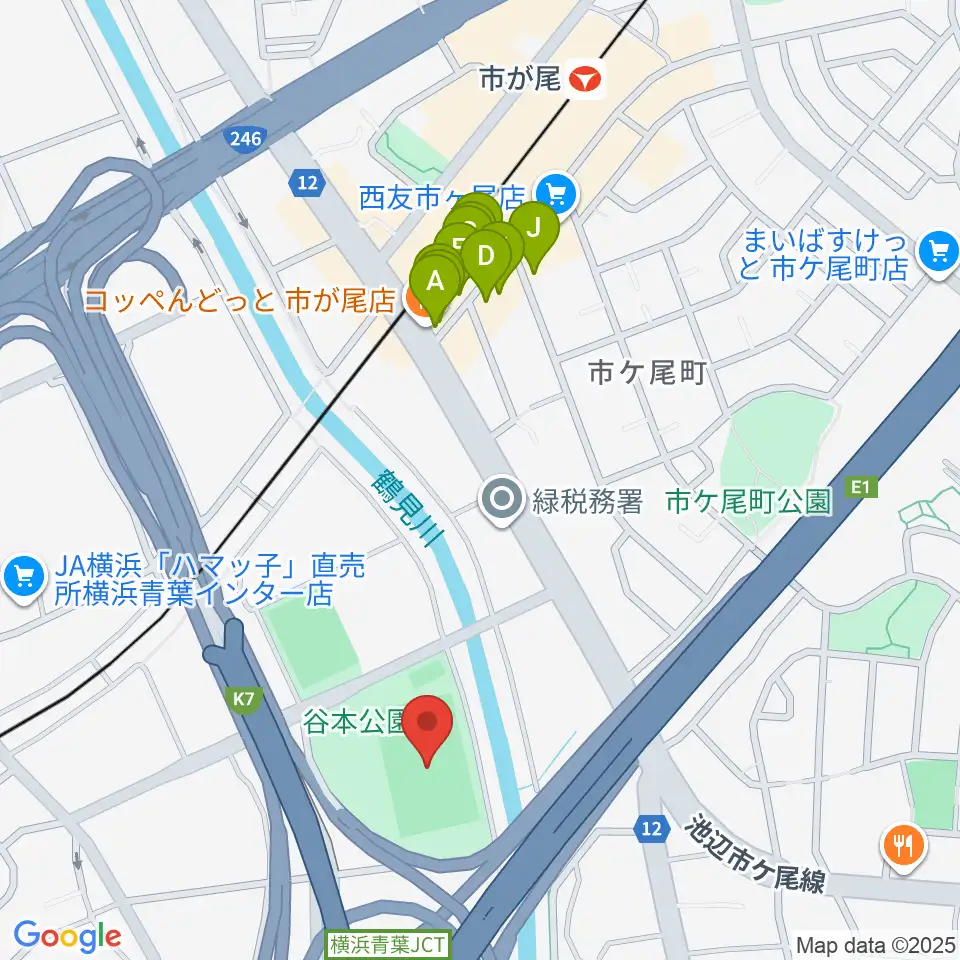 谷本公園球技場 周辺のファミレス・ファーストフード一覧地図