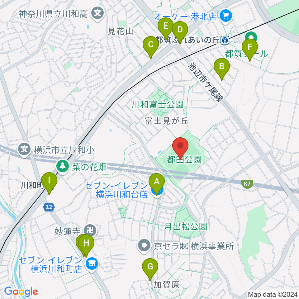 都田公園運動広場 周辺のファミレス・ファーストフード一覧地図