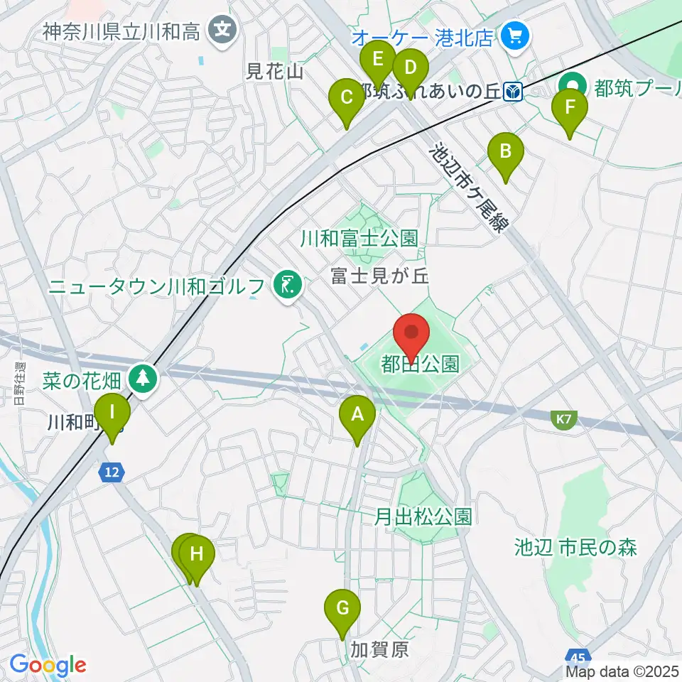 都田公園運動広場 周辺のファミレス・ファーストフード一覧地図