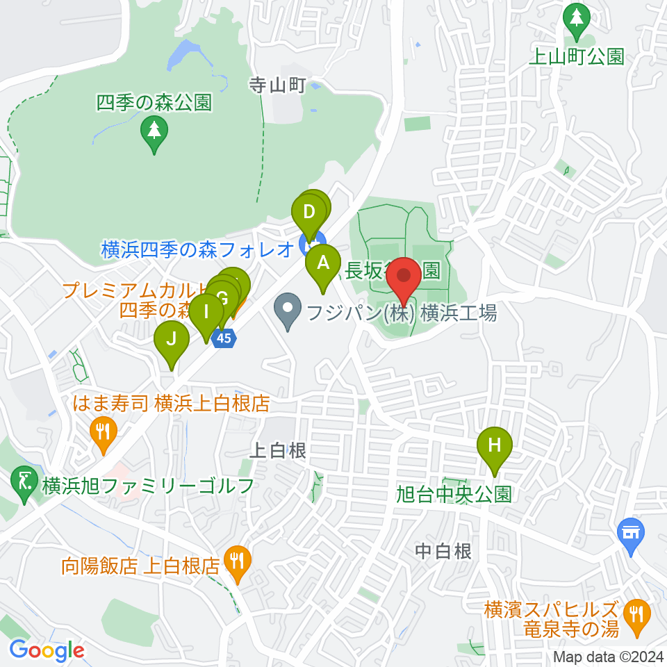 長坂谷公園野球場周辺のファミレス・ファーストフード一覧地図